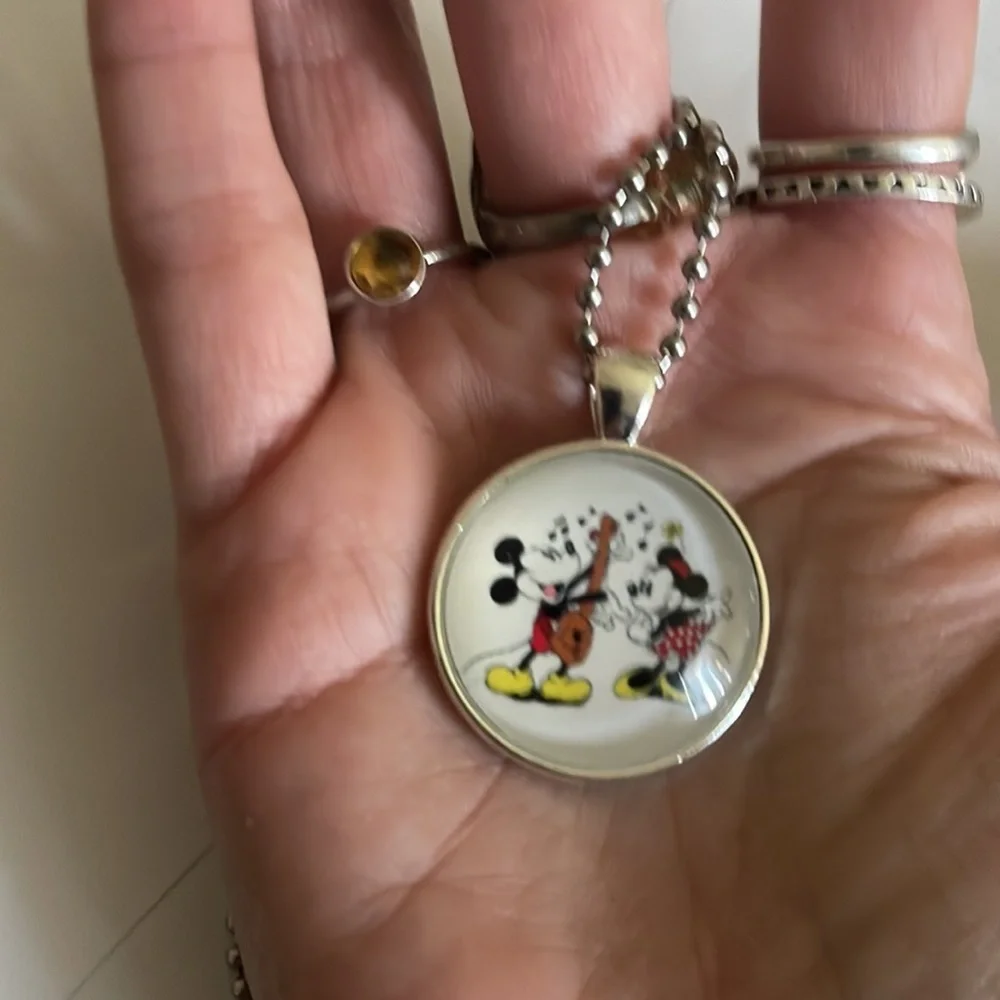 Disney Mickey Mouse Silver Glass Dome Pendant Necklace Cabochon Necklace - Picture 7 of 8